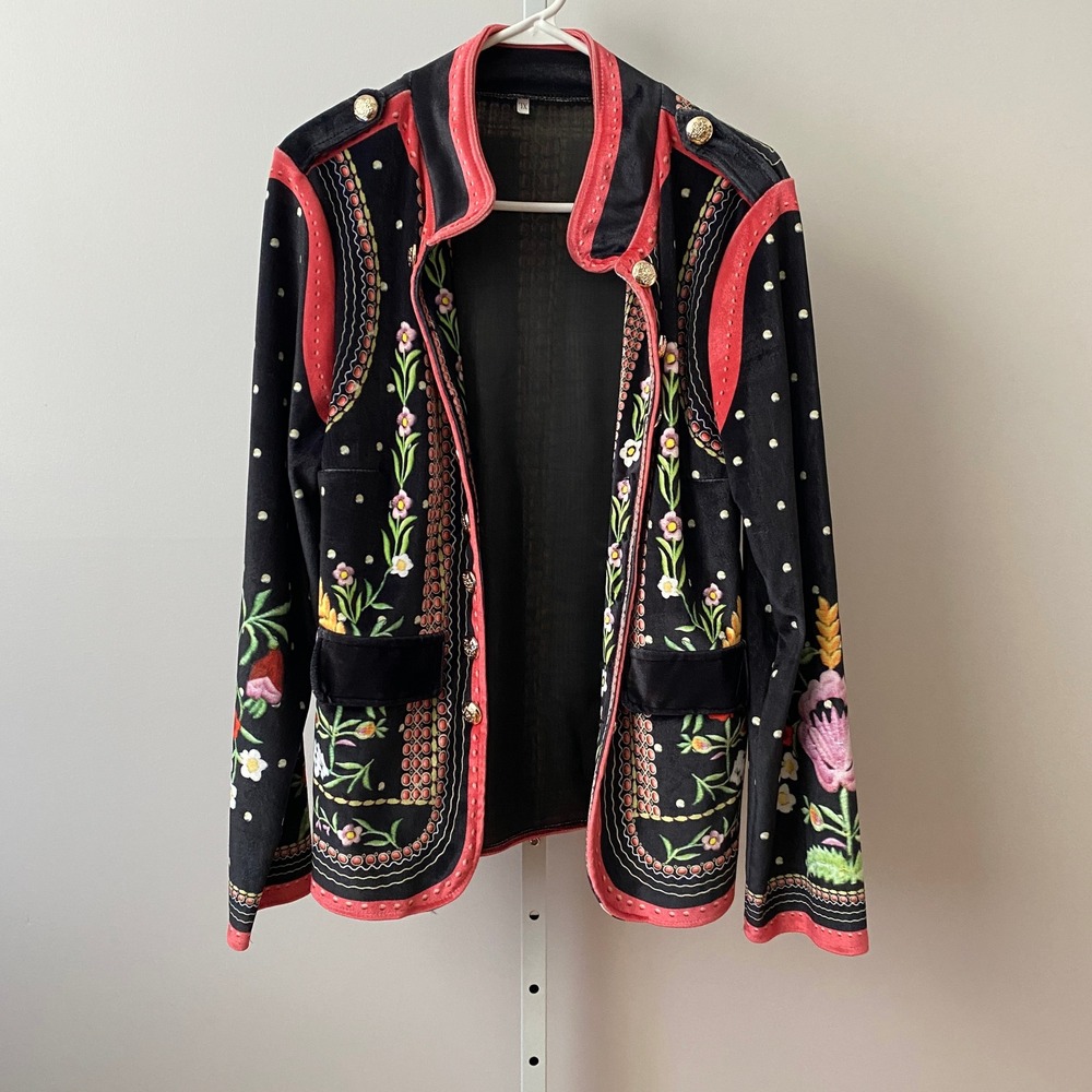 Wearable Art 1X Black Red Floral Embroidered Velvet Matador Jacket Gold Buttons